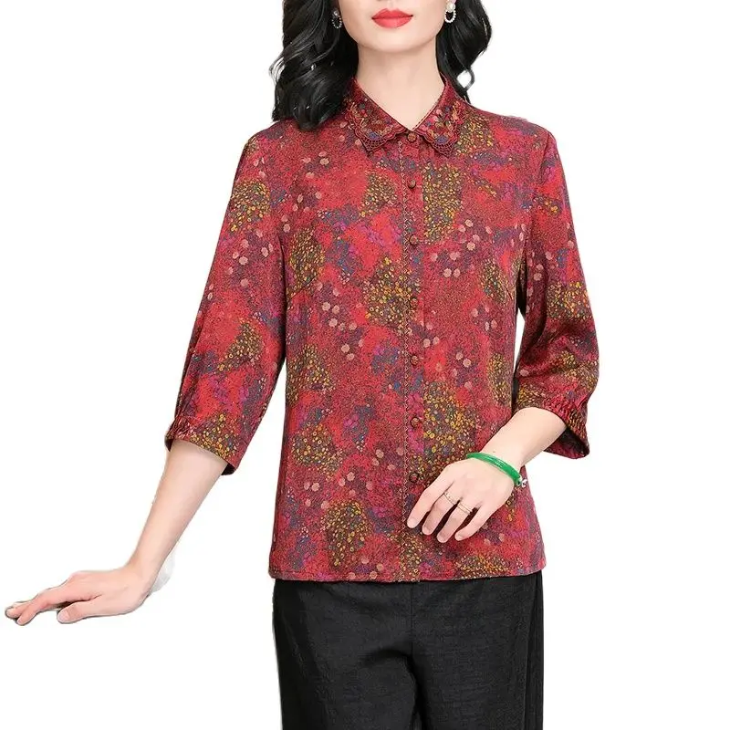 BirdTree-camisas de seda 100% auténtica para mujer, blusa holgada de gran tamaño con manga 3/4 Floral, Estilo Vintage para mamá, T448129QM, 2024