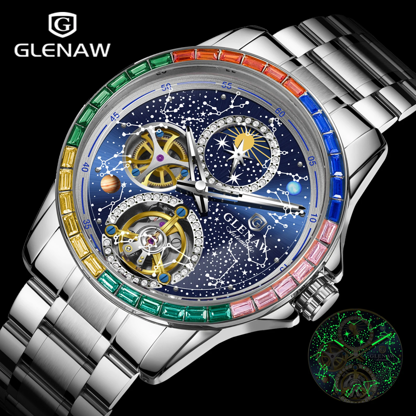 GLENAW Brand Design New Constellation Dial Mechanical Watch Men Rainbow Circle Men Watch Luminous Waterproof Automatic Watch HOT