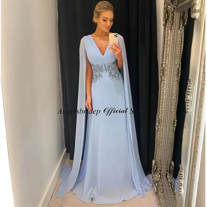 Angelsbridep-vestidos de fiesta de gasa azul claro para mujer, vestidos de noche elegantes, mangas largas con capa, cuello en V, apliques de encaje, largo hasta el suelo