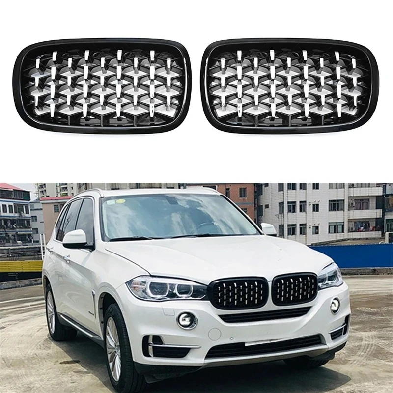 

For BMW X5 F15 X6 F16 2015 2016 F15 F16 Grille Automotive Front Grille Center Mesh Kidney Gloss Black + Silver Rhombus Grille