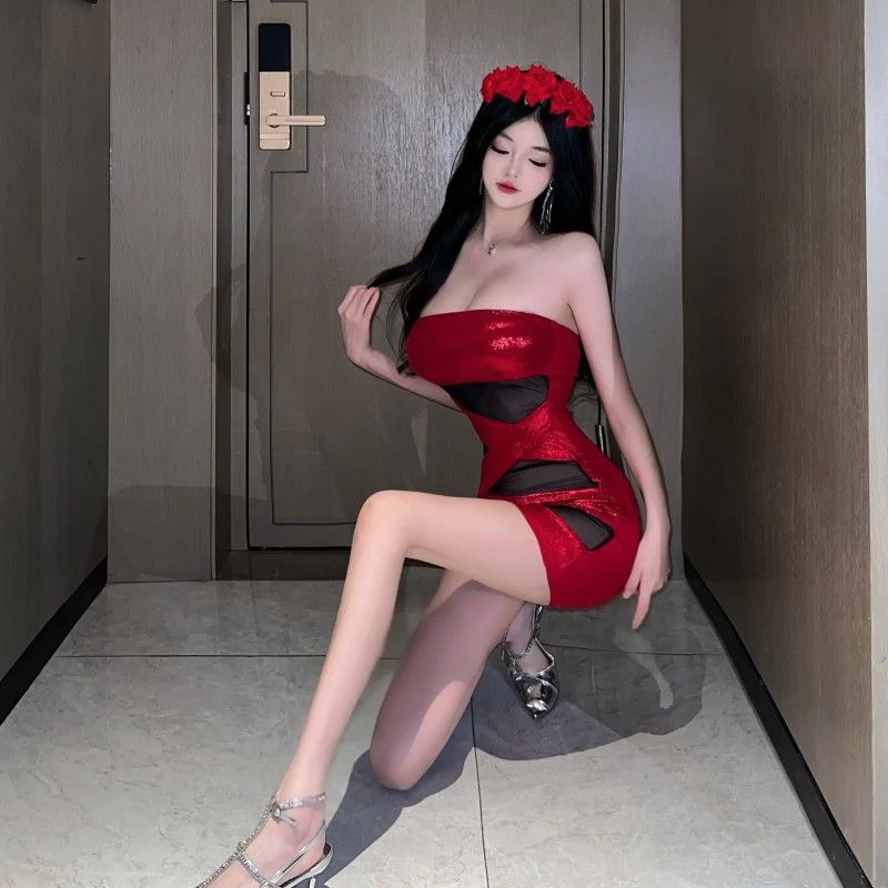 핫걸 패션 슬리밍 메쉬 스플라이싱 힙커버링 여성스러운 탄력 슬림 웨이스트 샤이니 드레스