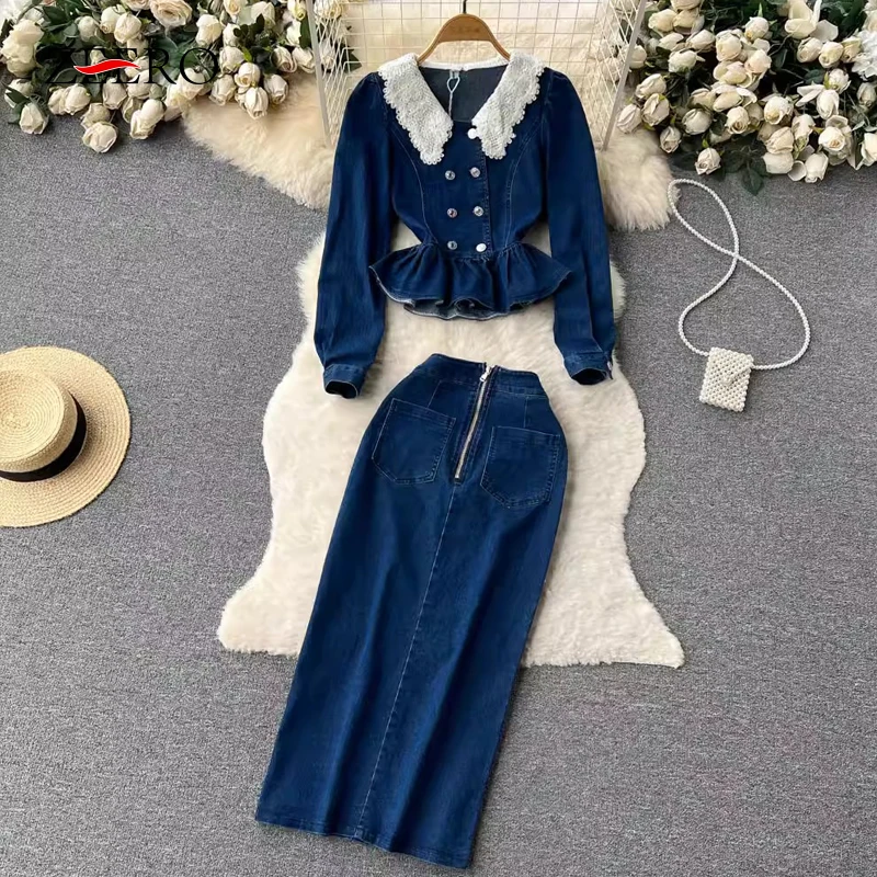 

Korean Women's Double-Breasted Lace Peter Pan Collar Ruffles Denim Jacket, Crop Coat, Mid-Length Pencil Skirt Set, 2 Piece Sets