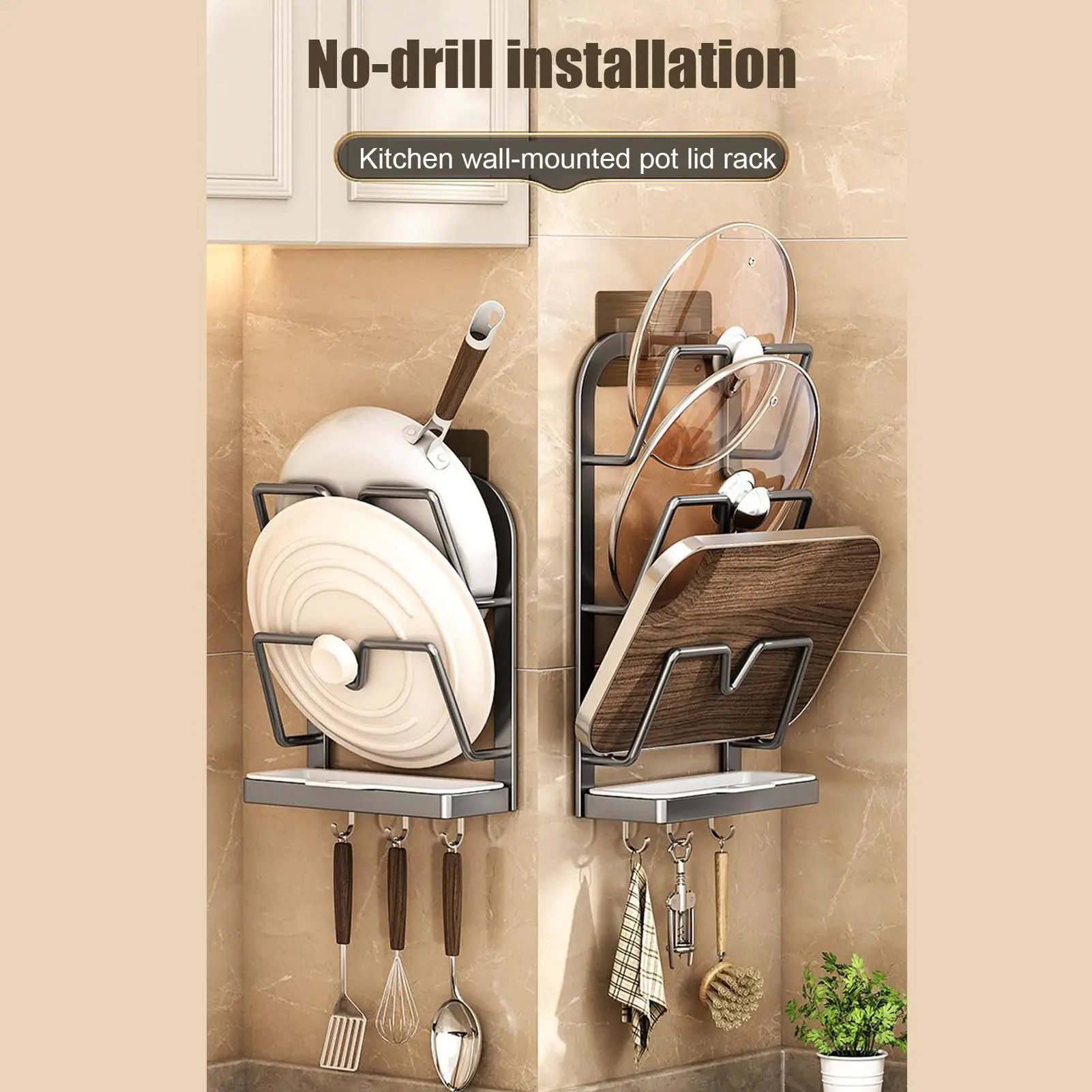 

Подставка для крышки кастрюли Контейнер без сверления из углеродистой стали с подносом Органайзер для крышки кастрюли и хранилище для варежки Ложка Разделочная доска Лист для выпечки