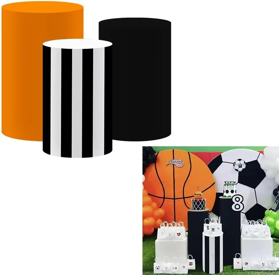 Orange Solid Cylinder Covers for Boys Birthday Party Basketball Sport Pedestal Stand Tablecloth Stretchy Fabric