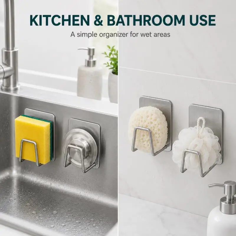 Self-Adhesive Stainless Steel Sponge Holder, No-Drill Sink Caddy for Scrubber, Cloth, Lid, Kitchen & Bathroom view 2
