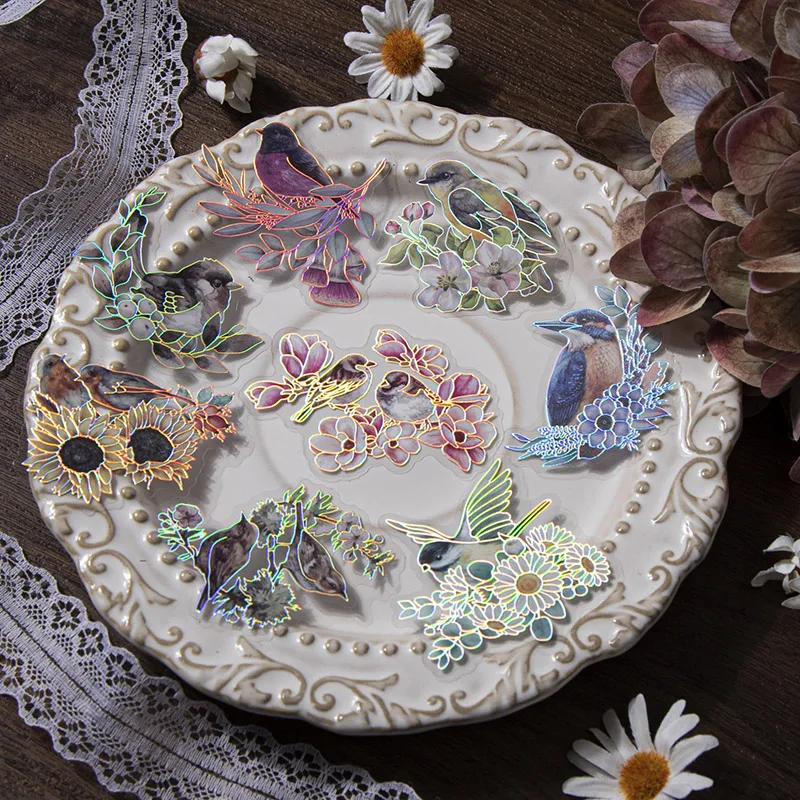 20Sheets Stickers Bird And Flower Series Flower Bird Collage Laser Silver Stickers Retro Flower Window Hand Account Decoration