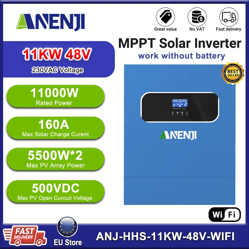 Inwerter solarny ANENJI 11kW MPPT 160A 500VDC PV Wejście 220VAC 48VDC 11000W Czysta Falowa Falownica Solarna z Kontrolerem Ładowania i Wi-Fi BMS