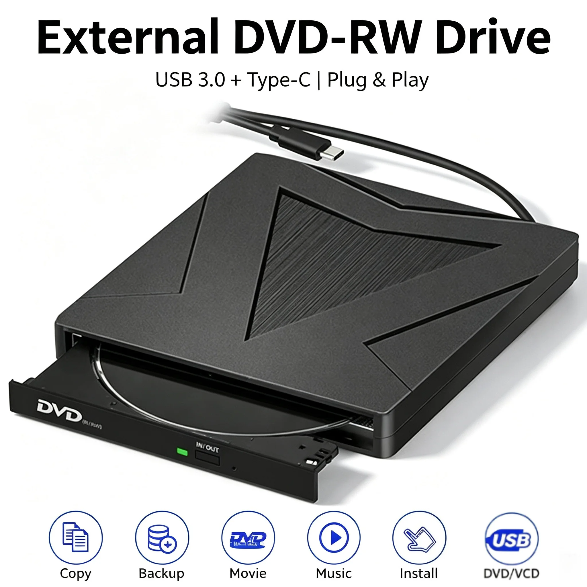 Portable External CD/DVD Burner Writer Recorder USB 3.0+ /-RW Drive Slim DVD/CD-ROM For Laptop Desktop PC