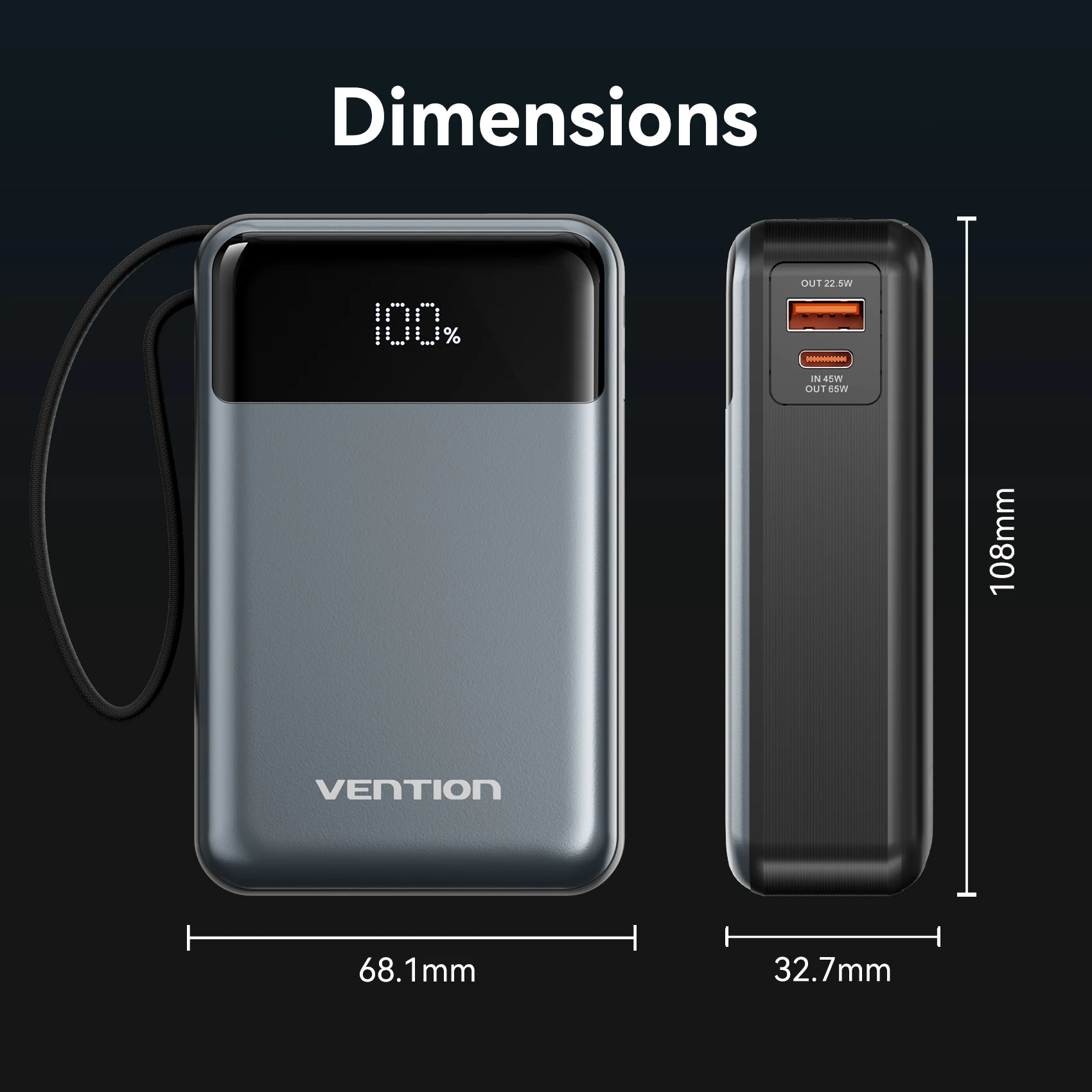 Vention Power Bank 20000mAh 65W PD Fast Charger with Built-in Type-C Cable Portable Powerbank for Laptops External Spare Battery