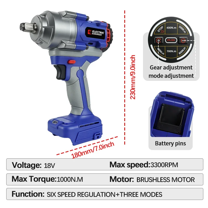 Electric Goddess 1000nm Brushless Electric Impact Wrench Torque Adjustment Repairing Car Powertool for Makita 18v Battery Pin