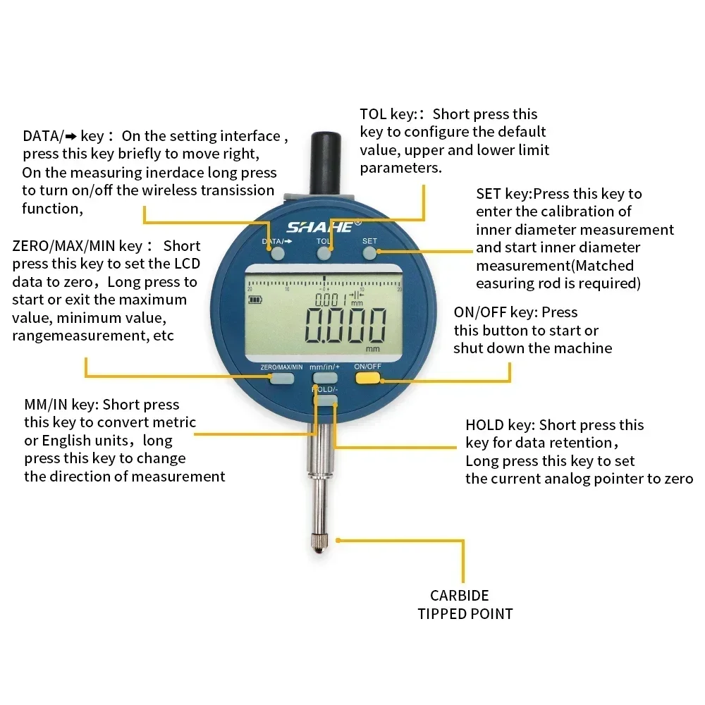 SHAHE Wireless Digital Indicator 1μm Resolution 0-12.7 /25.4/50.8mm Dial Test Gauge IP54/IP65 Waterproof And Dustproof