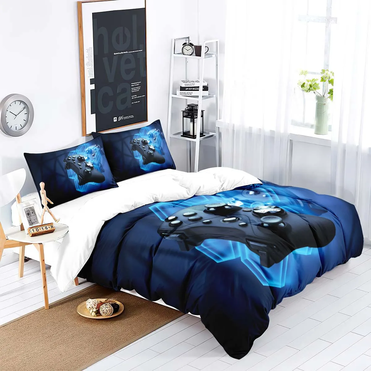 3 piece matte polyester fabric bedding set, gentle, skin friendly, warm, blue surface, game controller pattern print