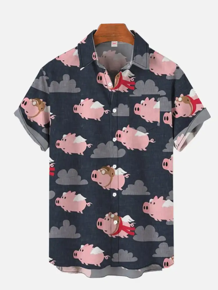 

New 3D Printing Men's Hawaiian Short Sleeve Shirt Flying Pig Print Men's Fashion Top Casual Loose Plus Size Men's Shirt 2024