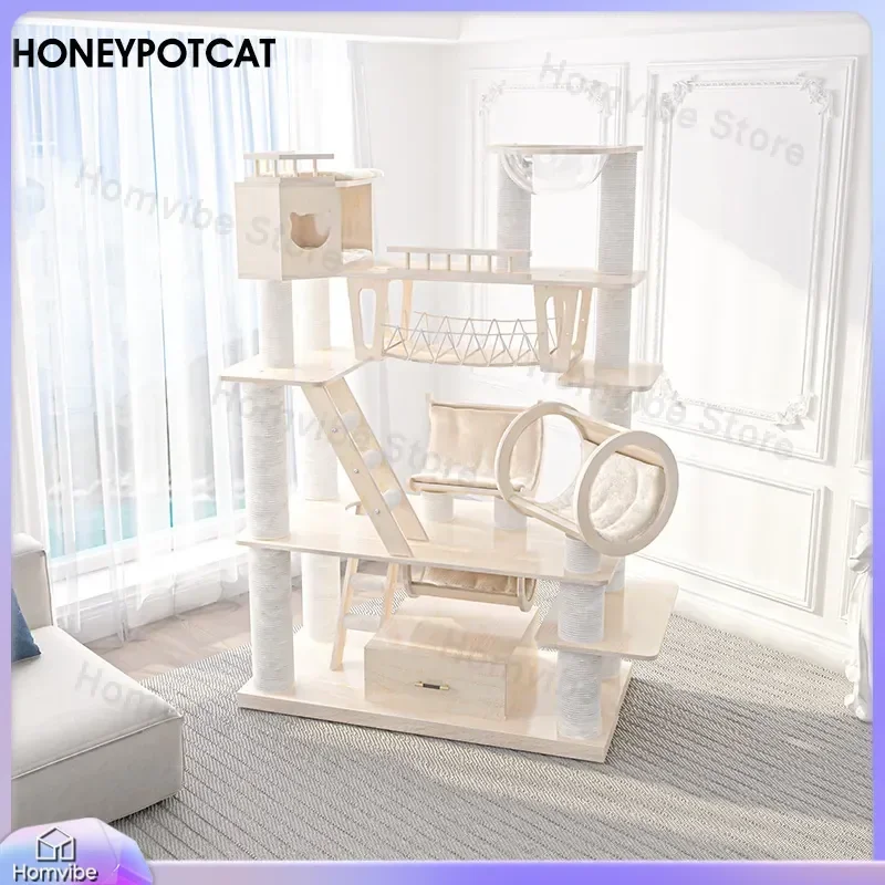 Large Cat Tree Tower Solid Wood Multi Level Cat Climbing Frame Castle with Nest Scratching Post Modern Pet Furniture House
