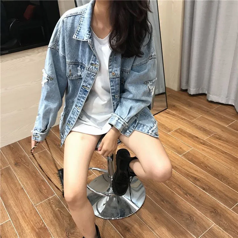 Vintage Denim Jacket Women's 2025 Spring Autumn New Loose Jeans Coats Student Bomber Streetwear Tops Ripped Denim Outwear Female