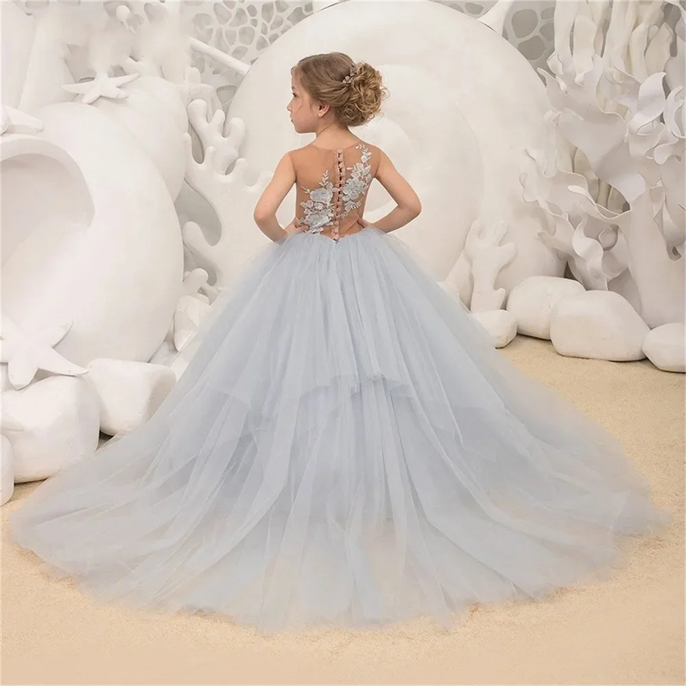 Flower Girl Dress For Wedding Tulle Applique Sleeveless Fluffy  Birthday Ball Gown Floor Length Formal Holy Communion Gown