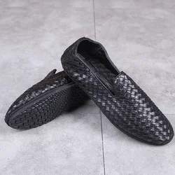 Genuine Leather Braid Shoes Men's Zipper Wallet Shoes Comfortable Black British Breathable Portable Travel Casual Shoes