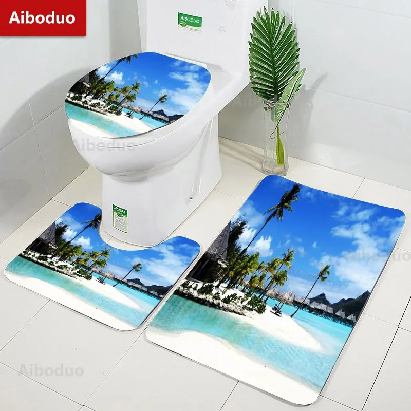 Beautiful Beach View Design Bathroom 3Pcs/set Mat Home Flannel Decorations and Accessories Floor Rug Toilet Cover 40*60/50*80 CM