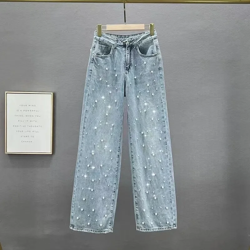 Jean Denim à Jambes Larges et Taille Haute pour Femme, Pantalon Perlé à la Mode, Nouvelle Collection Printemps et Été 2024