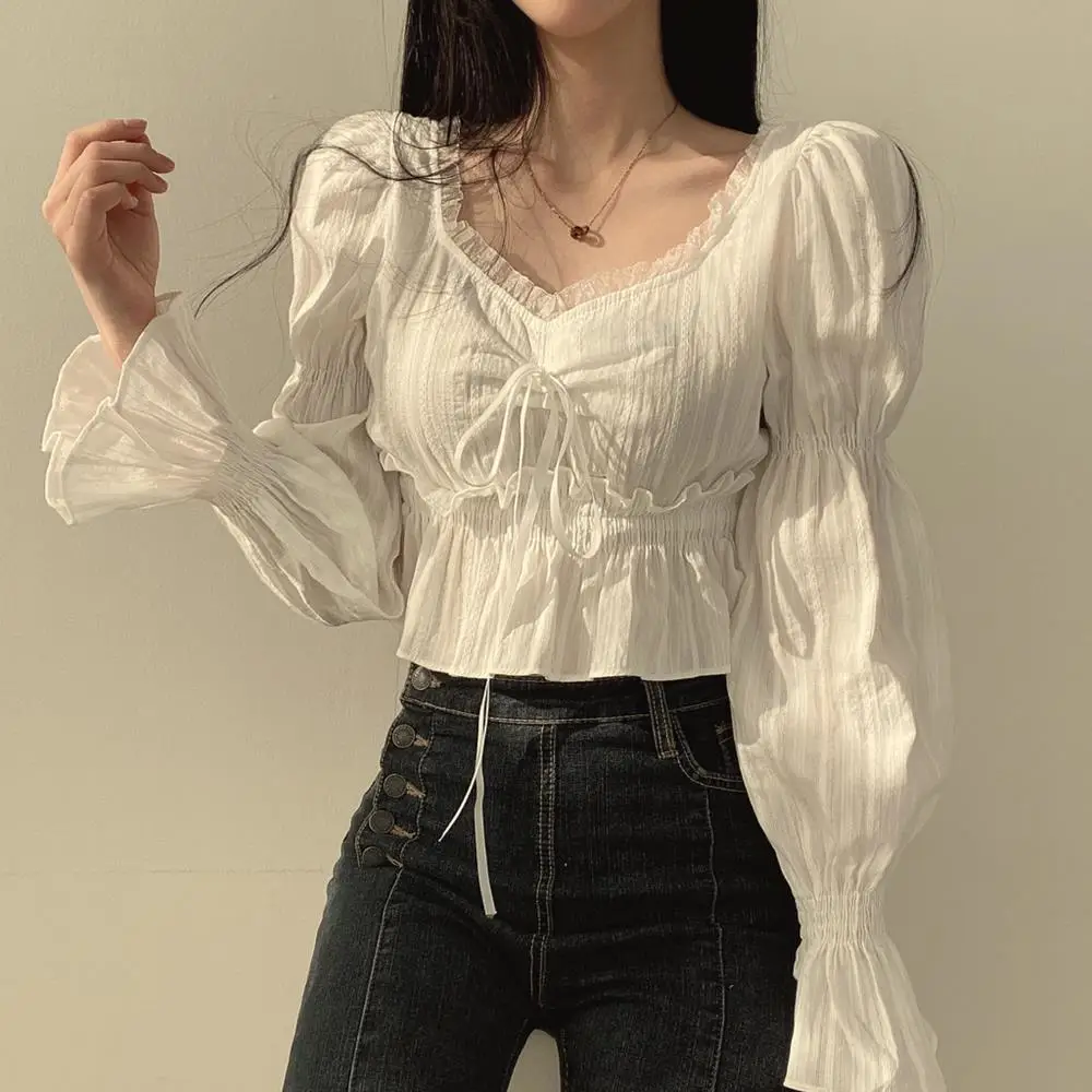 Korean Spring Autumn New French Niche Square Collar Lace Shirt Sweet Ruffle Edges Slimming and Chic Top  Women