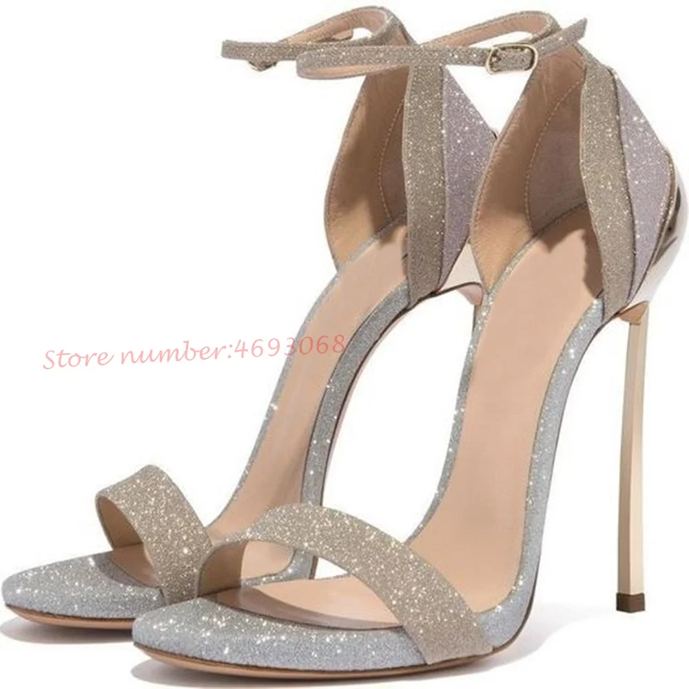 Metal Petal Heels Glitter Sandals Women Summer 2022 Bling Shoes High Stiletto Heels Sandals Elegant Ankle Wrap Party Sandals