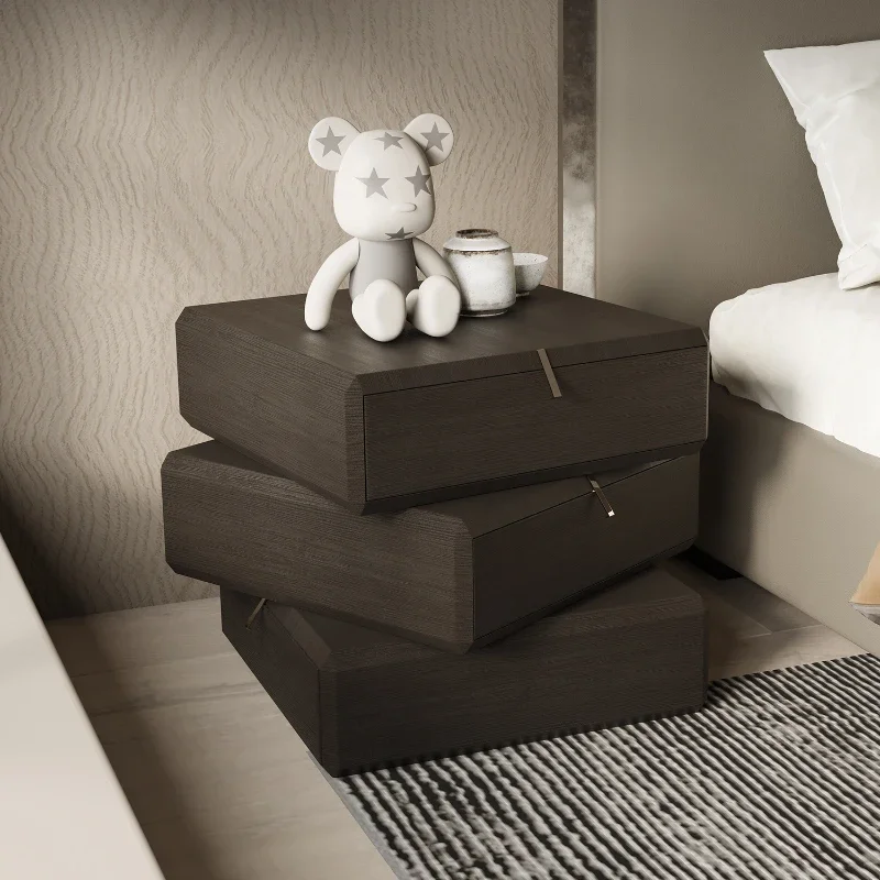 Italian Minimalist Bedside Table Smoked Veneer Bedside Cabinet Modern Light Luxury Locker