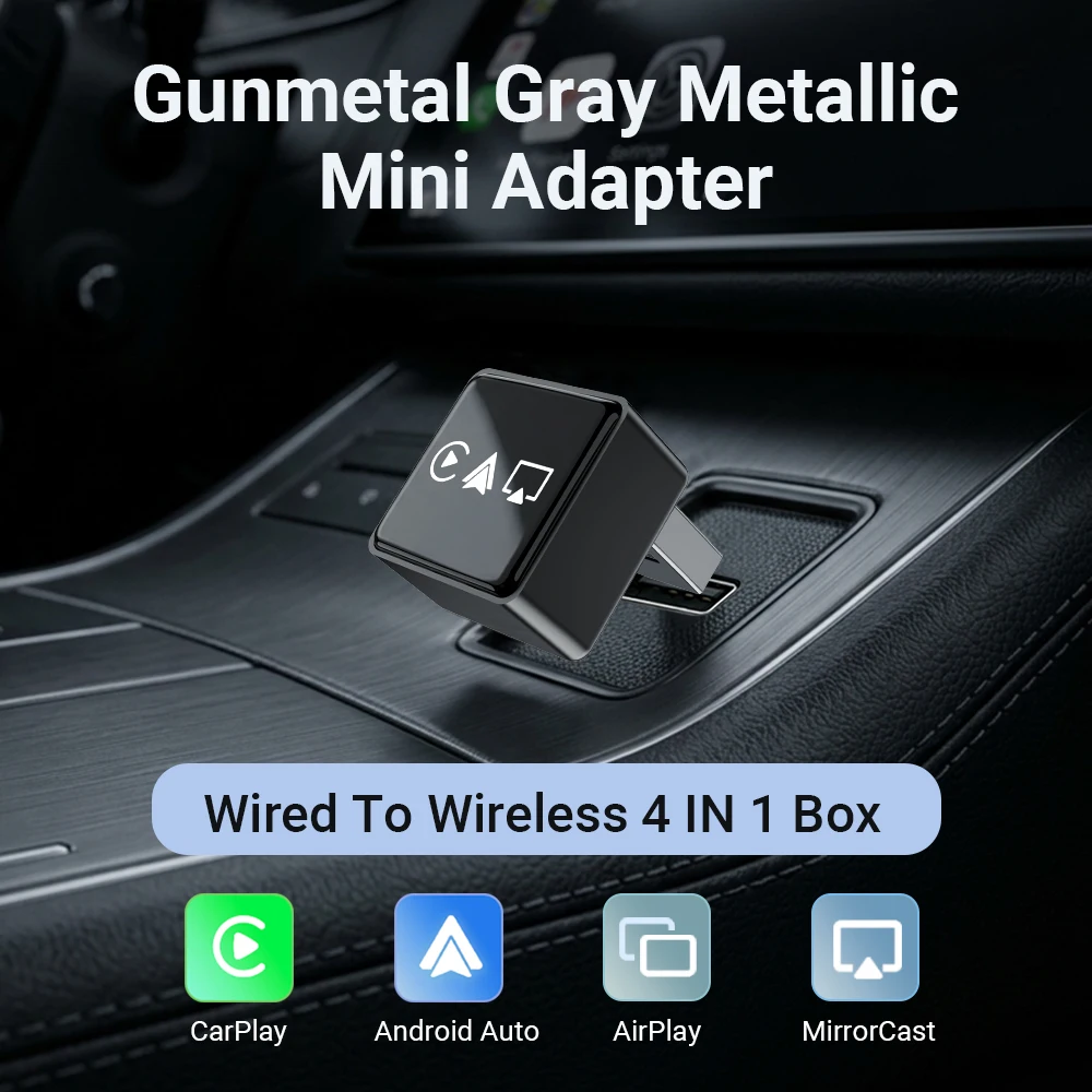 4in1 Wireless Adapter, Universal Mini CarPlay Android Auto Dongle with AirPlay MirrorCast Function for Car Entertainment