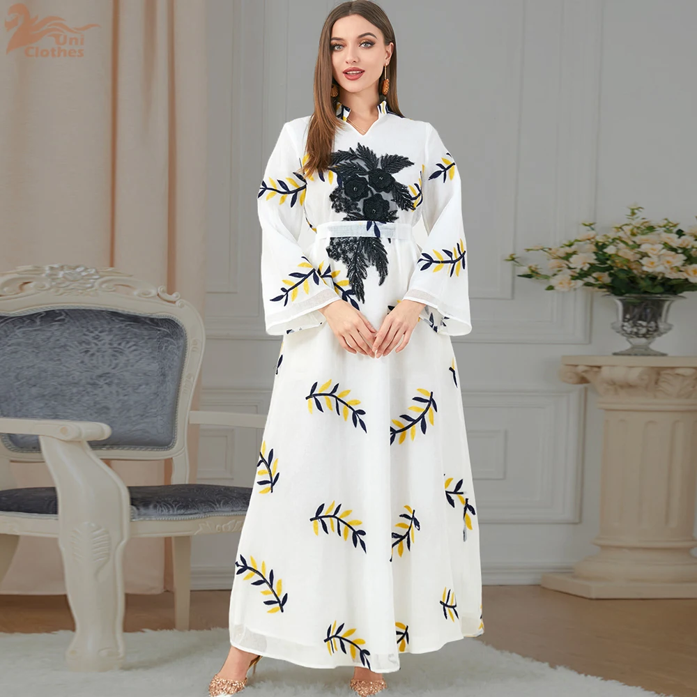 Floral Embroidery Guipure Panel Belted Dress Stand Collar Long Sleeve Urban Casual Muslim Abaya Dress Dubai Party Dresses 2024