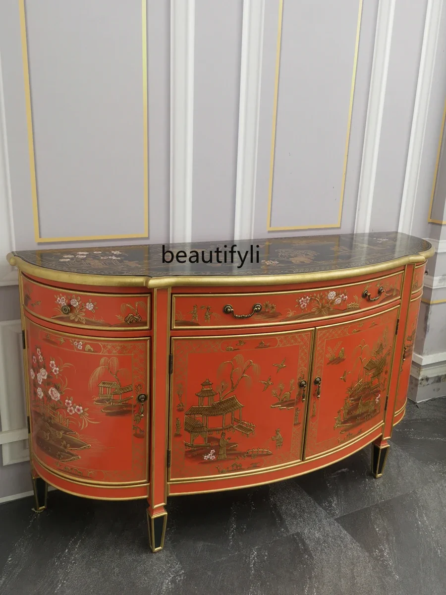 European and American antique painted villa new Chinese style orange red sideboard high-end foyer decorative cabinet