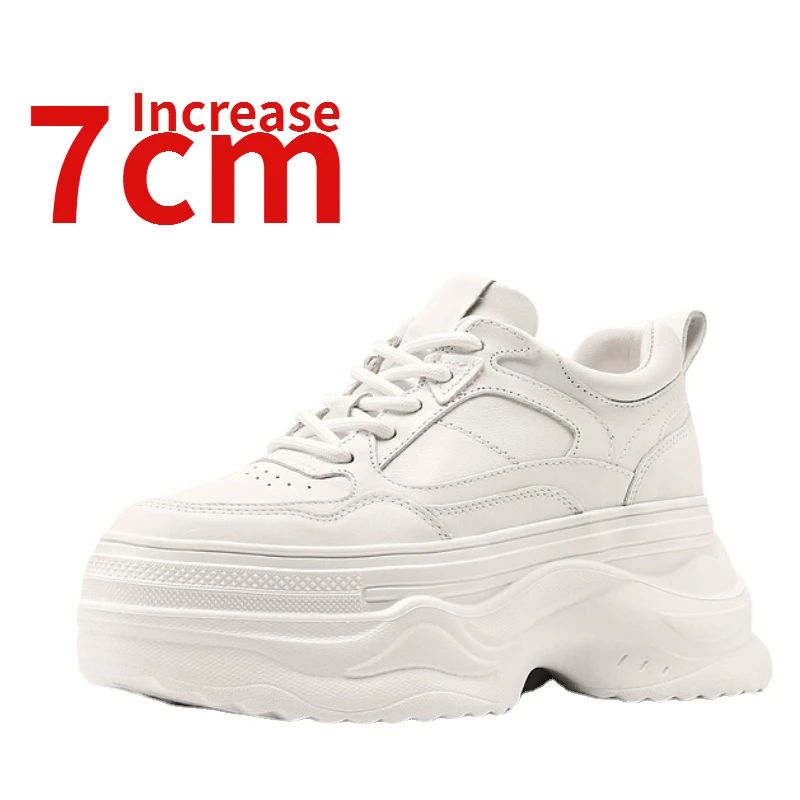 Genuine Leather Thick Soled Dad's Shoes for Women increase 7cm Spring New Fashion Versatile Casual Shoes Lightweight White Shoes