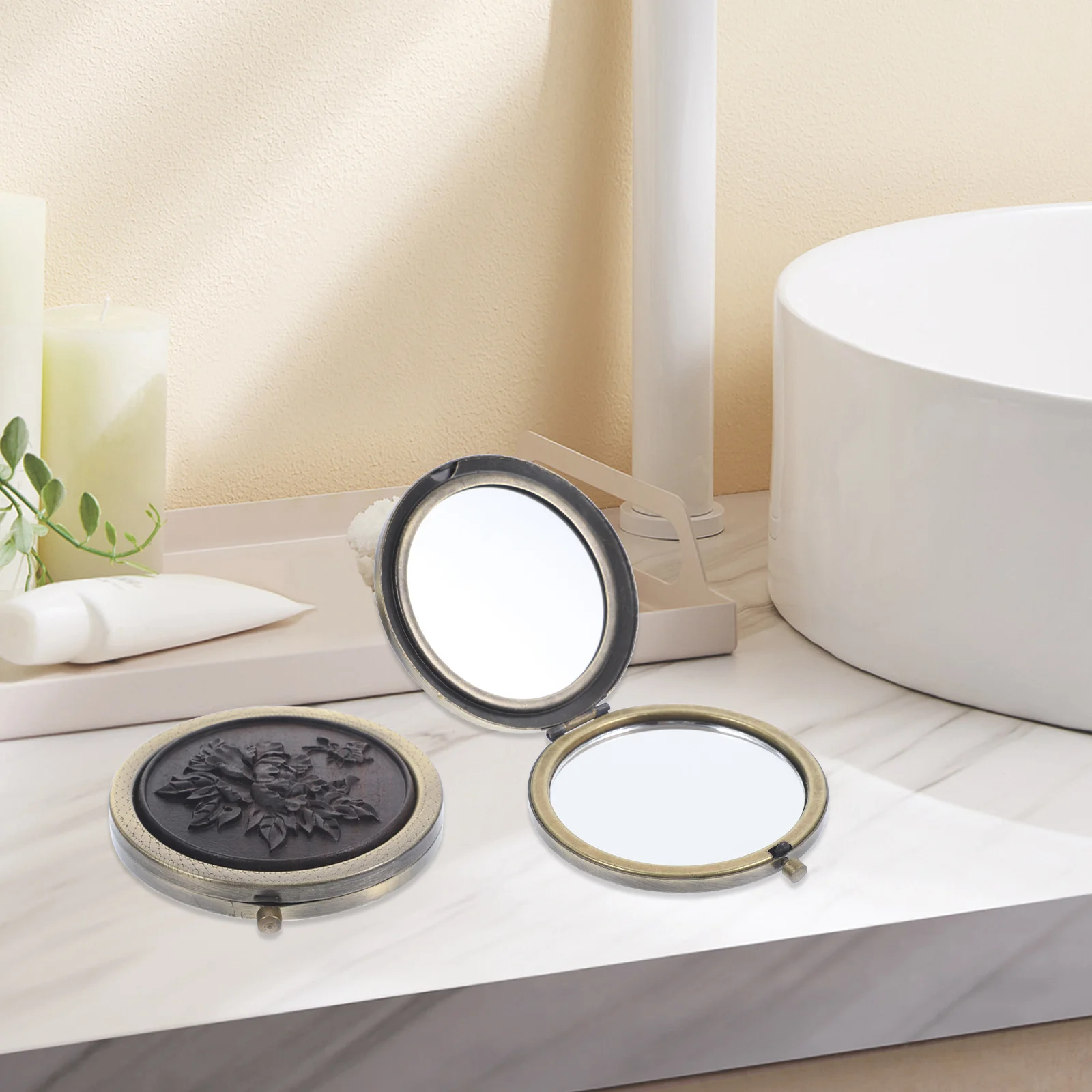 Vintage Style Portable Makeup Mirror Compact Double-Sided Clear Reflective Surface for Women Travel Home Party Picnic Use