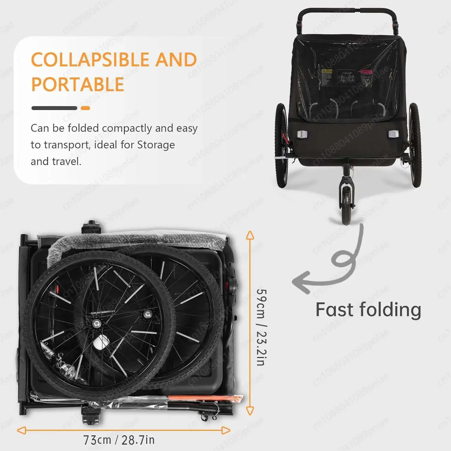 BT920 Child Bike Trailer Double Seat Max 88lbs Foldable Compact Storage Jogging Stroller Mode With Handbrake