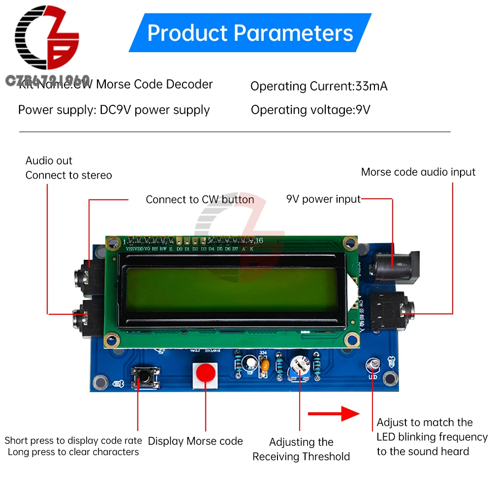 DC9V CW Decoder Morse Code Reader DIY CW Trainer Decoder Kit LCD Display Radio Circuit Board Electronic Welding Practice Kits