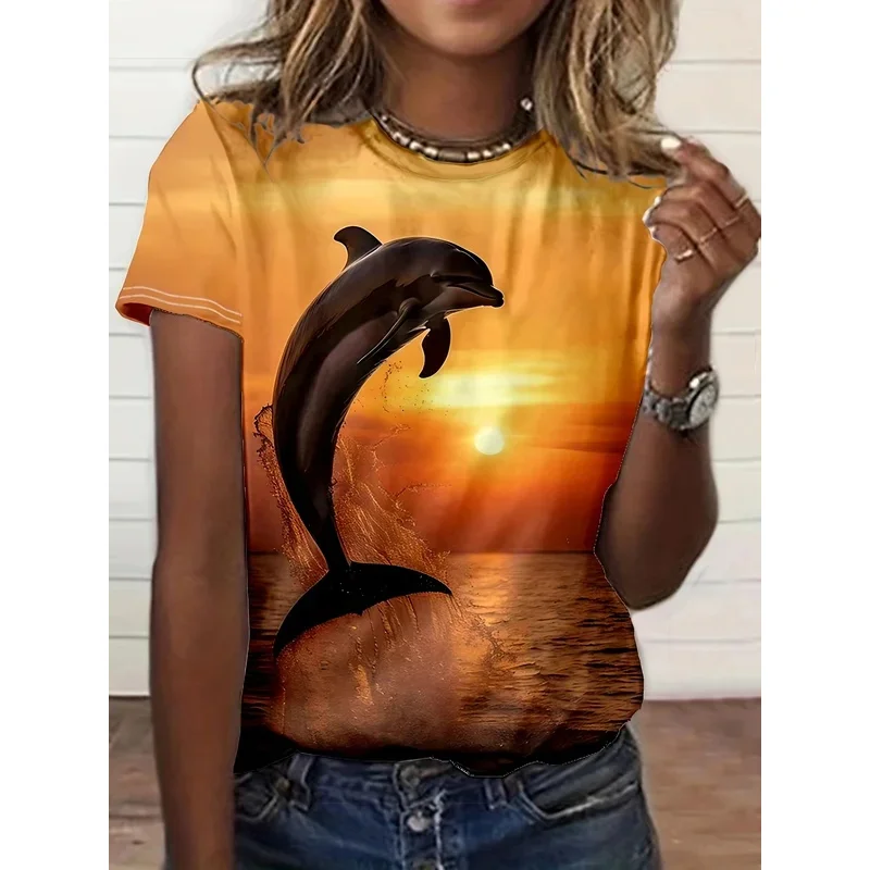 

New Creative European and American Style Dolphin 3D Printing T-shirt Loose Casual Slim Basic Round Neck Short-sleeved T-shirt