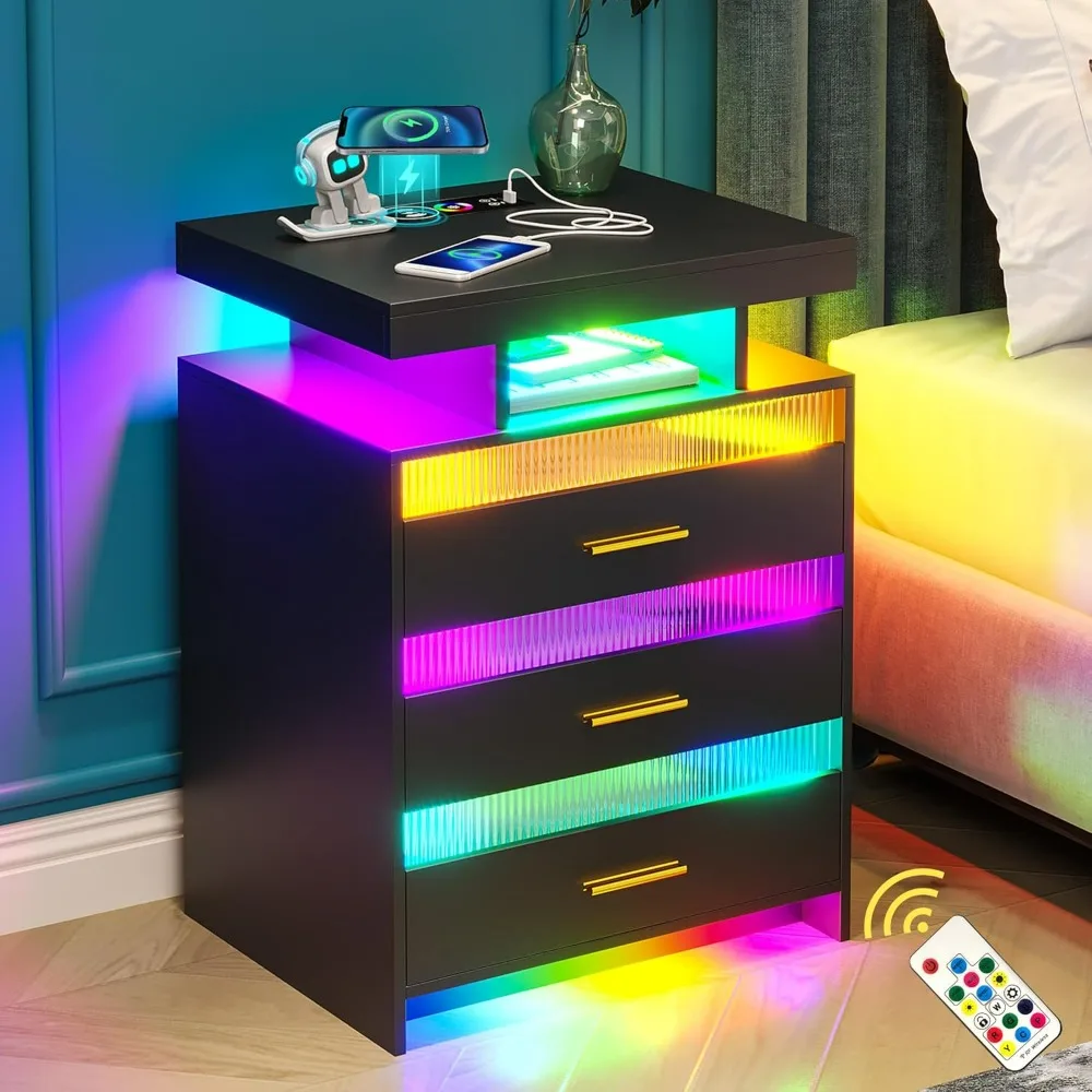 

LED Nightstand with USB/Type-C/Wireless Charging Station, Night Stand with 24-Color Auto RGB LED Light with 3 Drawers, End Table