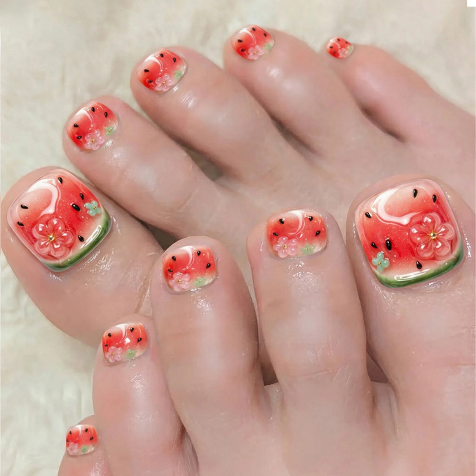 24pcs Sweet Watermelon Pattern Press On Toe Nails Summer Little Fresh Blush Pink French Fake Toenail Full Cover False Toenails