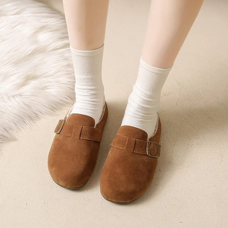 Loafers Low Flockรองเท้าผู้หญิงรองเท้าแตะสไลด์Fur Flip FlopsฝาครอบToe 2024 PlushโรมยางHoofรองเท้าส้นสูงผ้ารองเท้าผู้หญิง