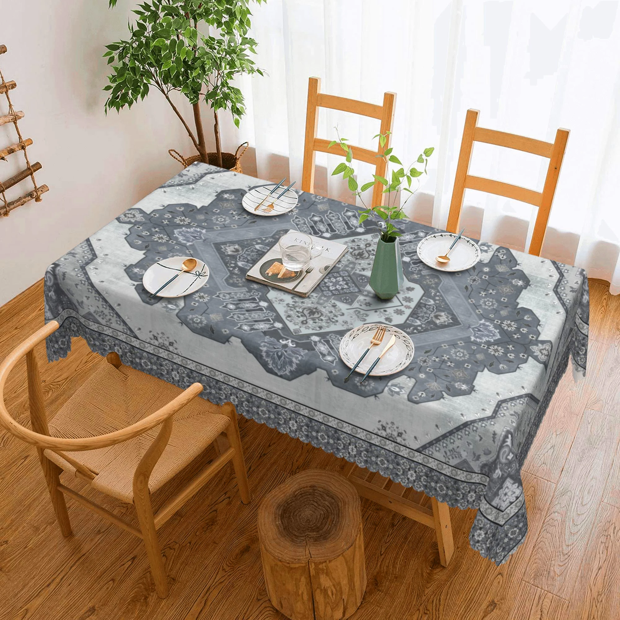Nappe vintage de ton gris, motif floral de luxe léger, imprimé floral symétrique, options de taille multiple, étanche, résistante aux rides, adaptée aux tables d'intérieur et d'extérieur
