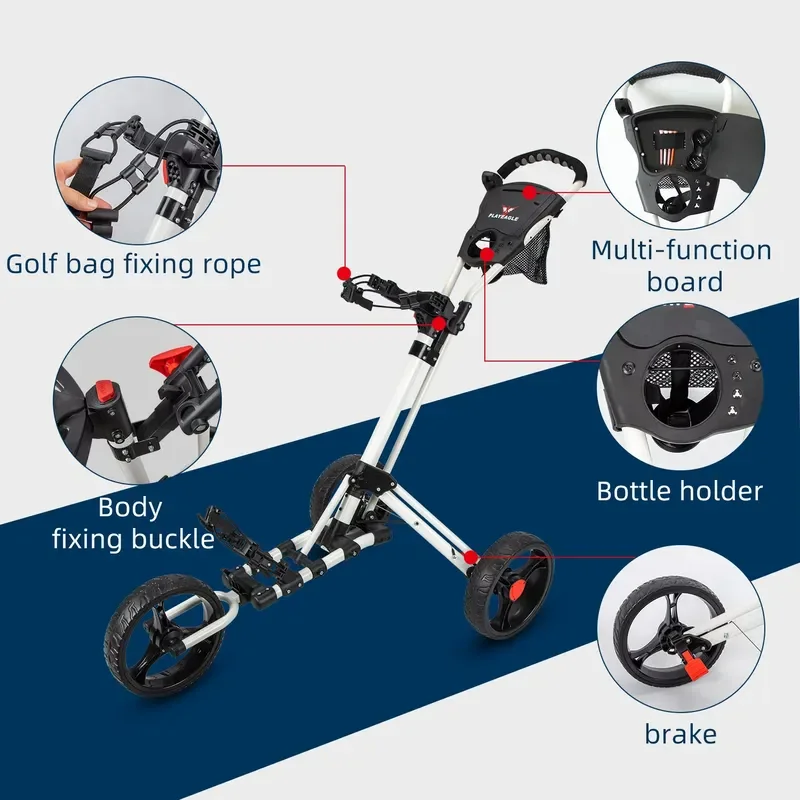 Aluminum 3 Wheel Golf Trolley Foldable Push Cart Lightweight Mobile Caddy with Storage Bag Bracket for Easy Transport on 4