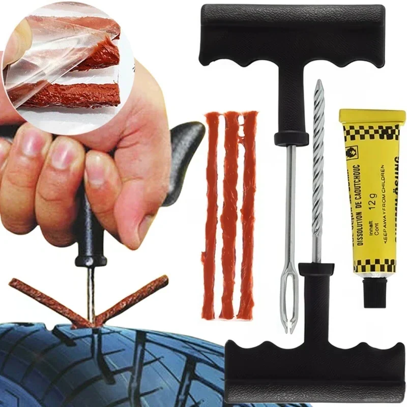 Car Tire Repair Tool Kit with Rubber Strips Tubeless Tyre Puncture Studding Plug Set Motorcycle Truck Vacuum Tire Repair Tool