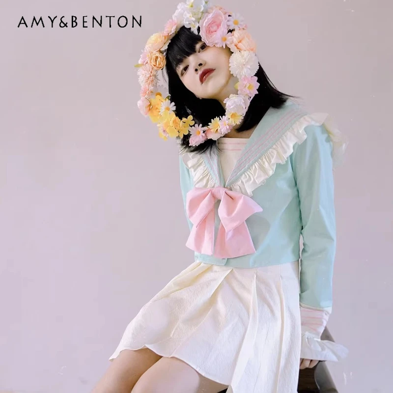 

Original Design Mint Green Cute Bow Sailor Collar Women's Short Coat Spring 2026 New Sweet Cool Y2k Lace Splicing Coats Ladies