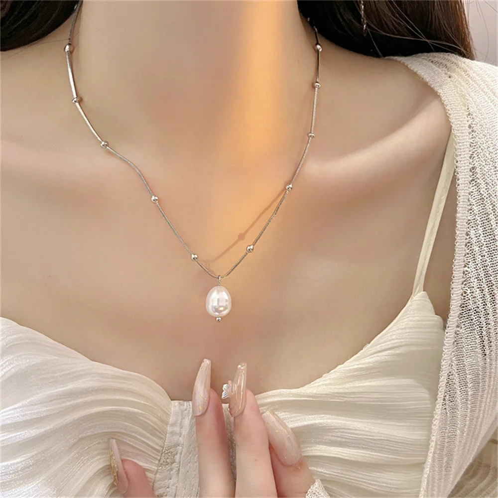 Baroque Pearl Pendant Necklace For Women Silver Color Bead Clavicle Chain Necklace Fashion Women Jewelry Accessories Gft