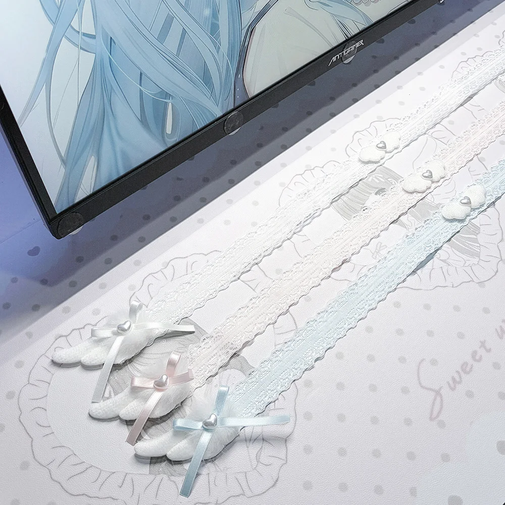 New White Lace Monitor Decoration with Plush Angel Wings, Aesthetic Cute Computer Ornament for Home Office Gaming Desk Setup