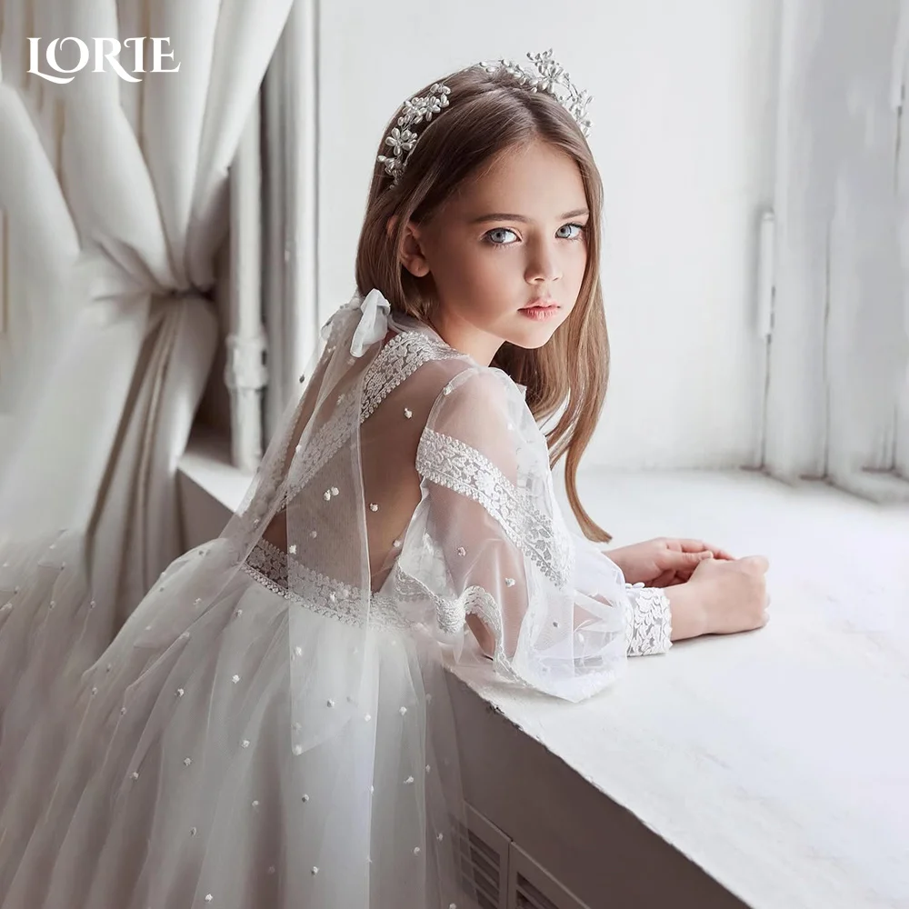 

LORIE Sweet Flower Girl Dress for Weddings High Collar Puff Sleeve Pearls Flower Girl Dresses Customized Lace Gril Party Gowns