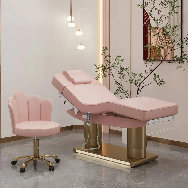 Electric beauty bed with lamp, body spa massage embroidery bed for beauty salon, folding micro-plastic injection bed