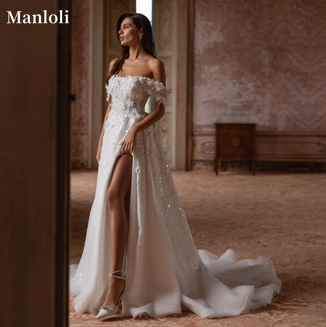 

Manloli Elegant Shining Wedding Dress Decal sequins Wedding Dress A-line High Split Bridal Dress Customization