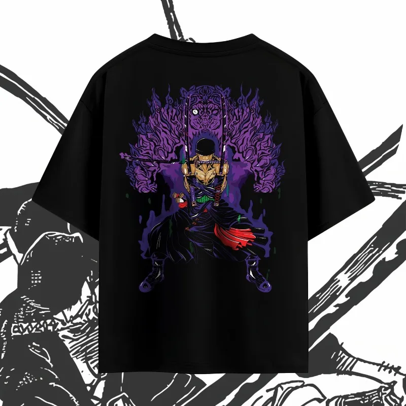 One Piece Roronoa Zoro King of Hell Double Sided Print T-shirt, Oversized Black Tee, Anime Manga Streetwear Casual Short Sleeve