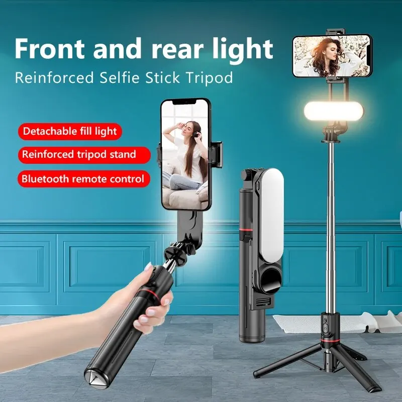 Portable Mini 360 Degree Rotation Selfie Stick Tripod With LED Fill Light Bluetooth Remote Extendable Foldable Tripod For iPhone view 2