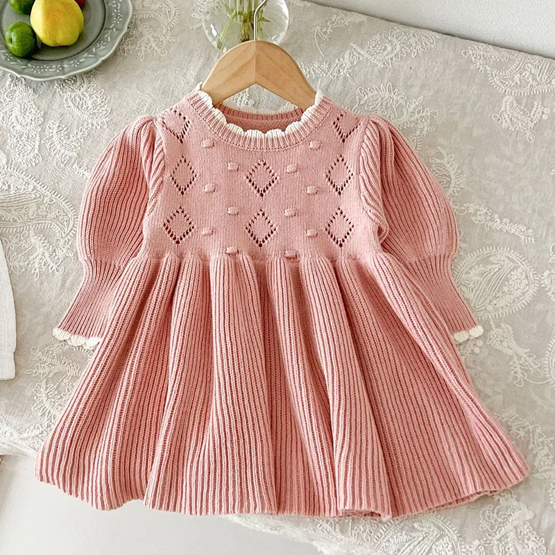 2024 New Autumn Children Knitting Clothes 0-4Yrs Baby Girl Party Dress Long Sleeved Knitted Kids Princess Dresses