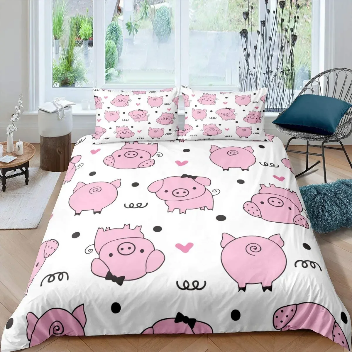 Pig Duvet Cover Set Cute Cartoon Pig Pattern Polyester Comforter Cover With Pillowcase King Queen Size For Kids Girl Bedding Set